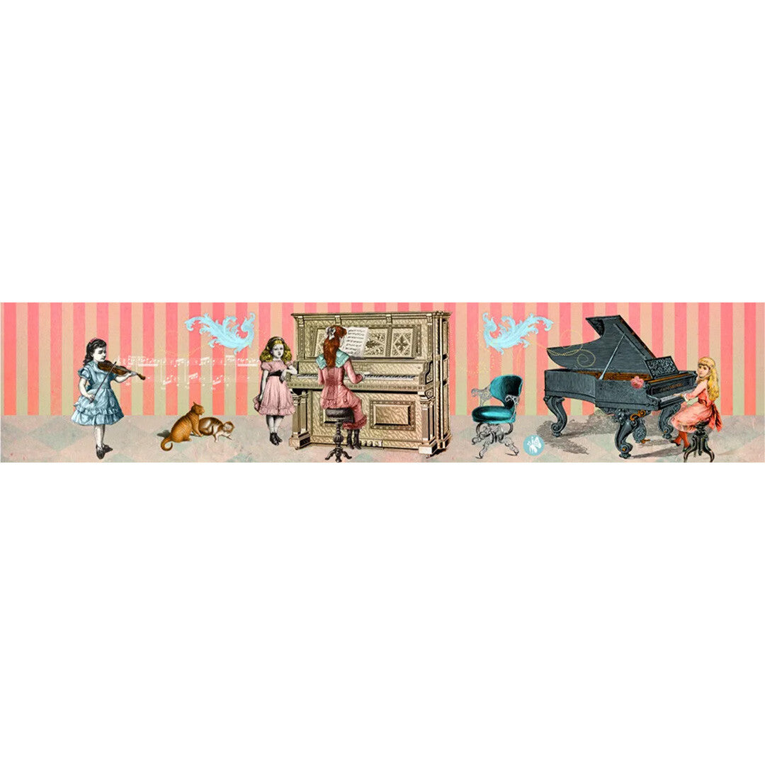 Illustratie van het muziekdoosje met meisjes die instrumenten bespelen en een kat op een gestreepte achtergrond.