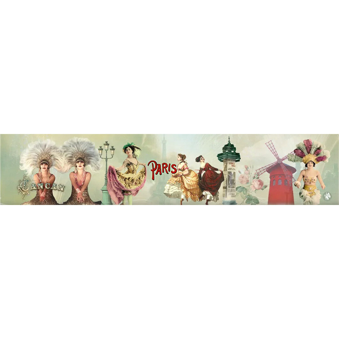 Volledige illustratie van het Belle Lurette muziekdoosje met Parijse taferelen en French Cancan danseressen.