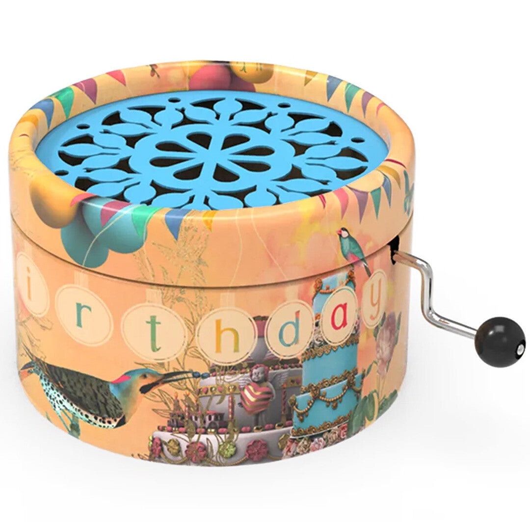 Belle Lurette rond muziekdoosje met Happy Birthday thema, versierd met vogels, bloemen en taarten, en een metalen zwengel.