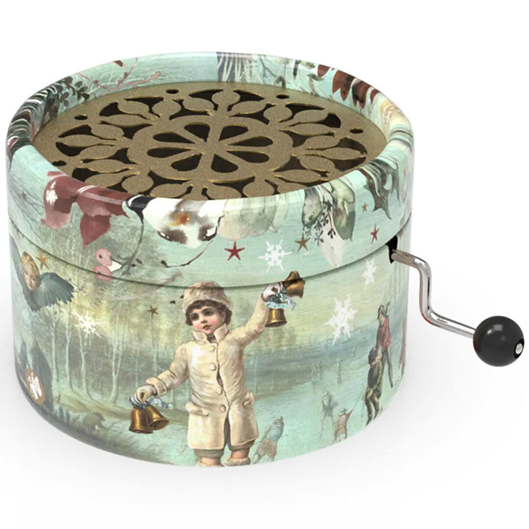 Belle Lurette rond muziekdoosje met een winterse kersttafereel en een zwengel.