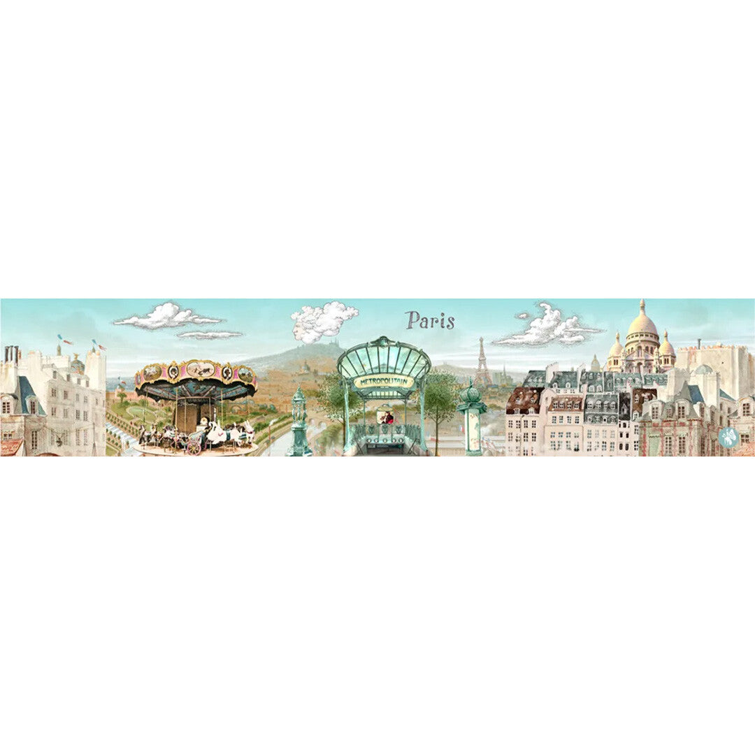 Panoramische illustratie van Parijse bezienswaardigheden, zoals een draaimolen en een metro-ingang.