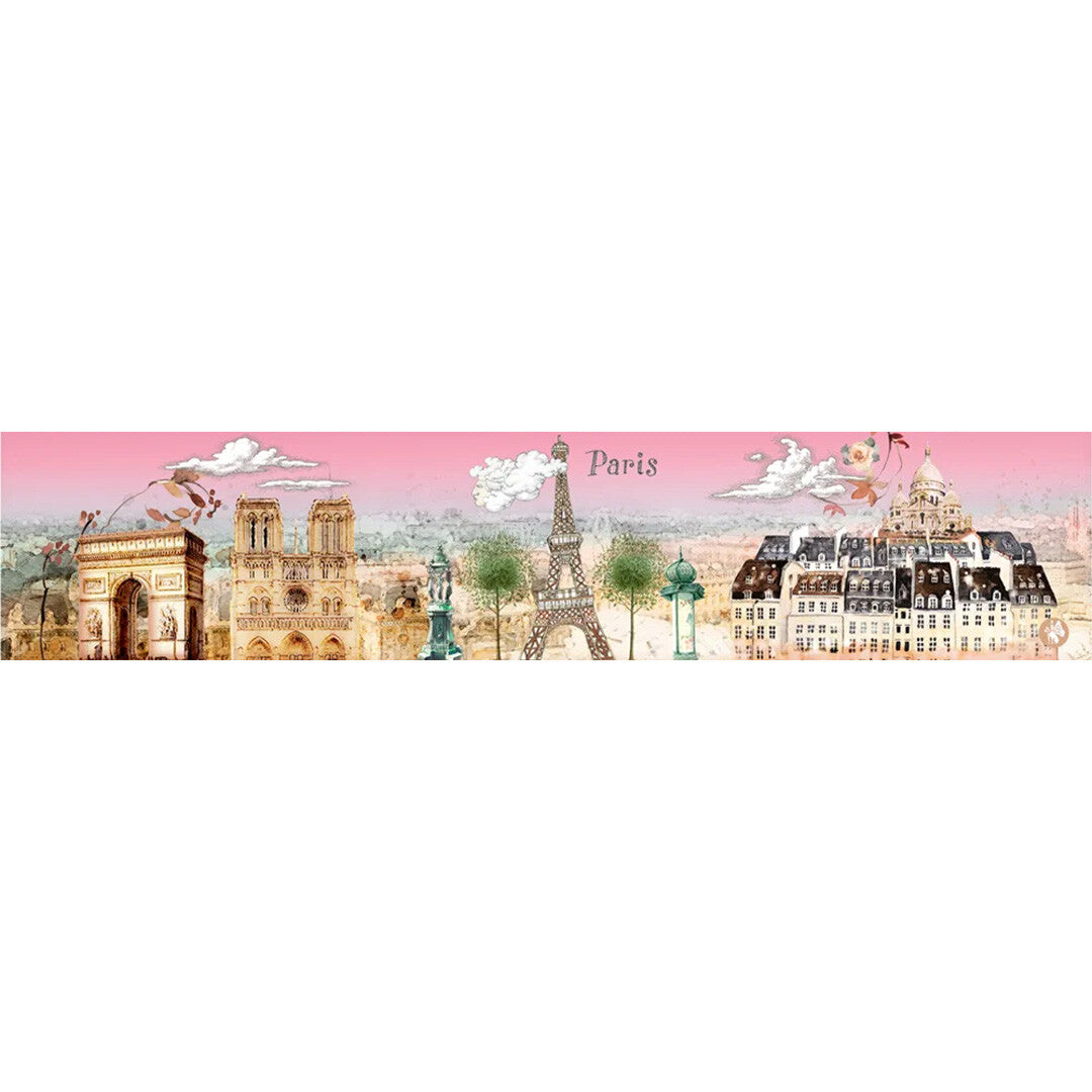 Detail van de roze illustratie met Parijse bezienswaardigheden zoals de Arc de Triomphe, Notre Dame en Eiffeltoren.