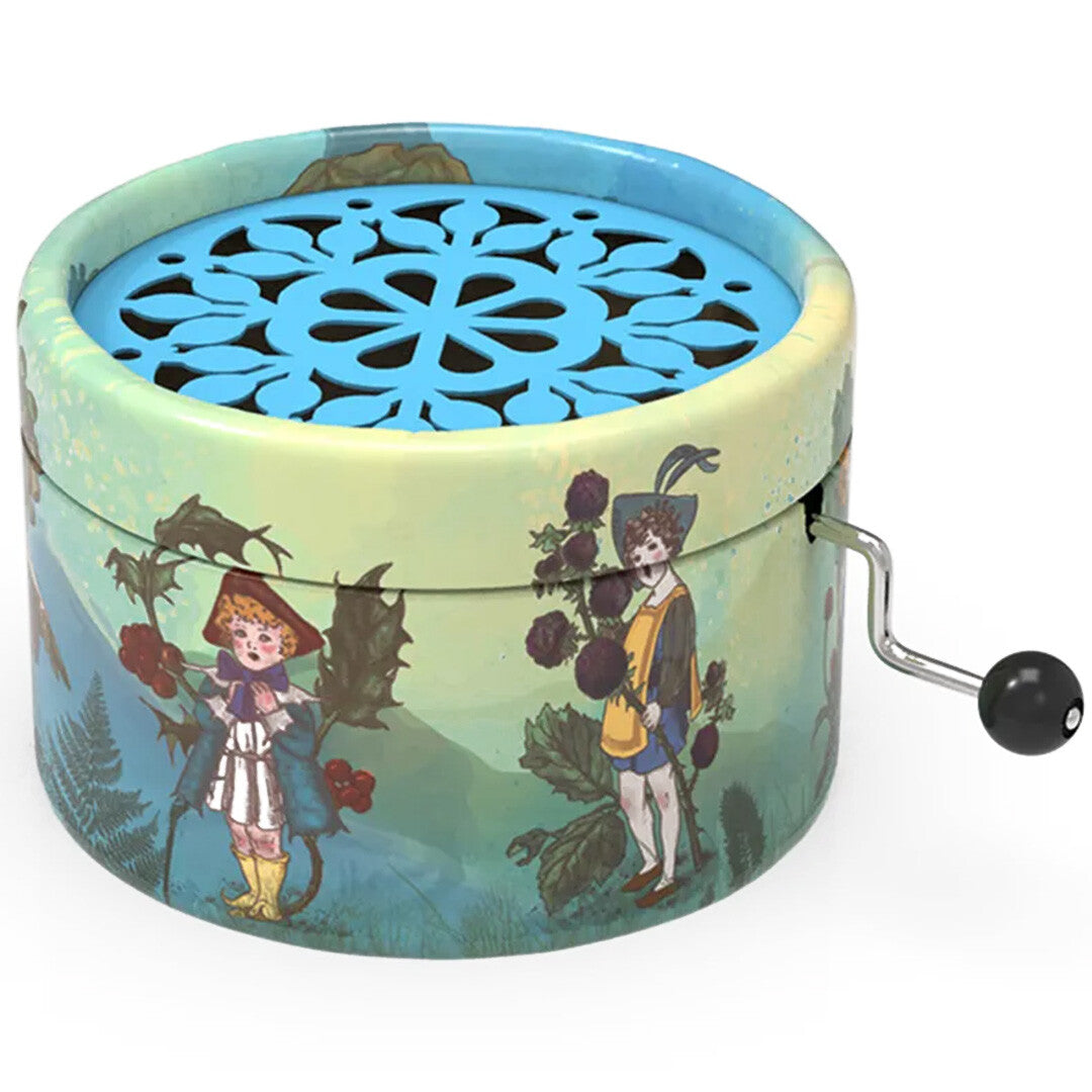 Belle Lurette muziekdoosje met illustraties van kinderen in natuurthema en een blauw opengewerkt deksel.