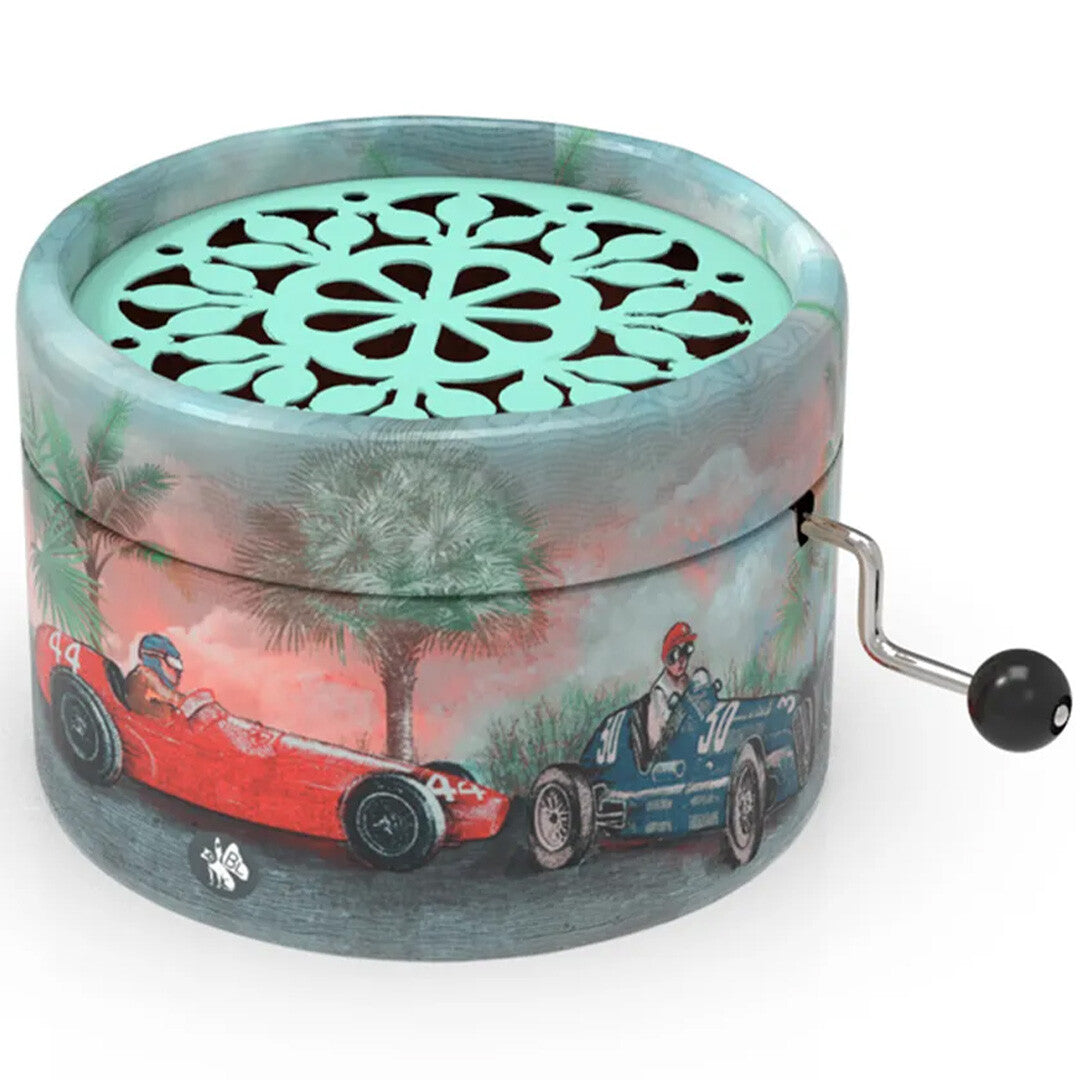 Belle Lurette muziekdoosje rondo met illustratie van raceauto's en een zwengel.