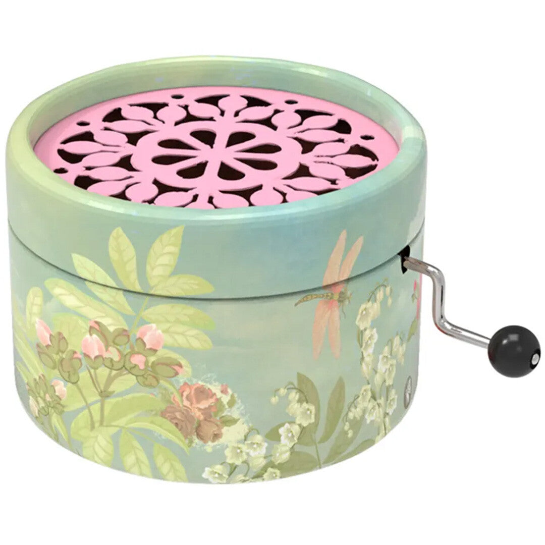 Belle Lurette muziekdoosje met groen gebloemd patroon, roze bovenkant en een zwengel.