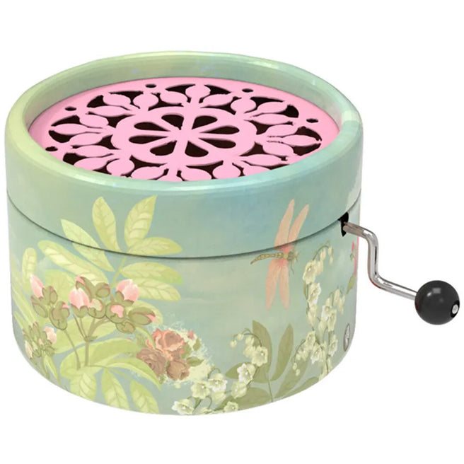 Belle Lurette rond groen muziekdoosje met bloemen, libellen en een roze geperforeerde bovenkant.