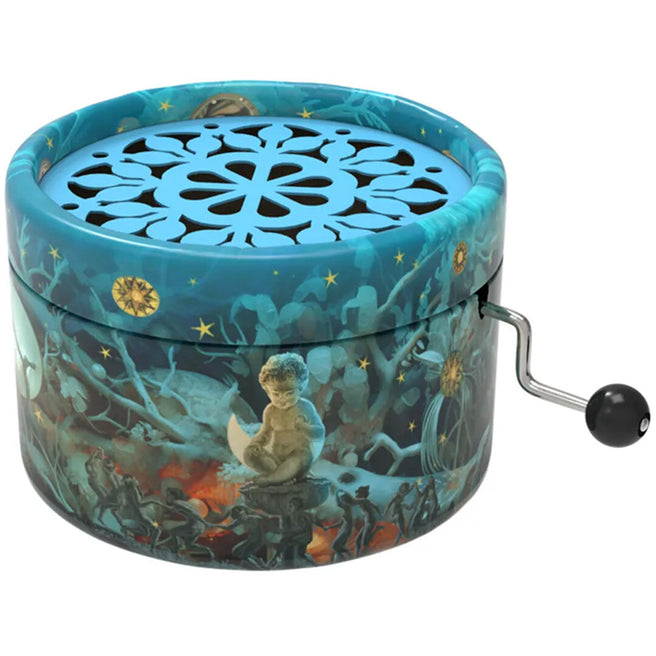 Belle Lurette rond blauw muziekdoosje met handzwengel en een fantasiepatroon van figuren en sterren.
