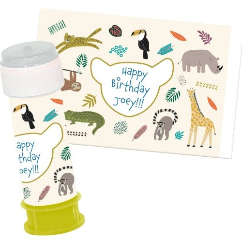 Folat bellenblaasetiket met zoo party thema en een bijpassende bellenblazer, deels over elkaar heen.