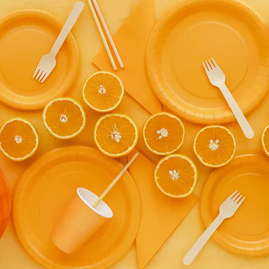 Collectie oranje partydeco papieren borden, bekers, servetten en bestek met sinaasappelschijfjes.