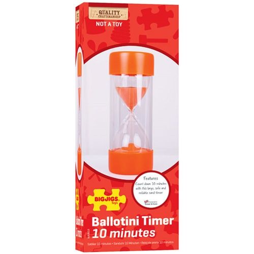 Verpakking van de Bigjigs oranje zandloper van 10 minuten.