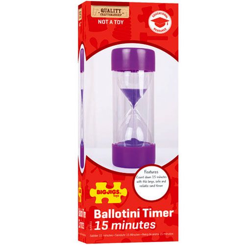 Verpakking van de Bigjigs paarse zandloper van 15 minuten.