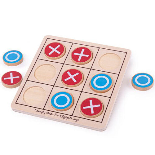Bigjigs houten boter-kaas-en-eieren bordspel met rode kruisjes en blauwe rondjes.