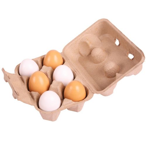 bigjigs speelgoed eierdoosje met zes houten eieren, afwisselend wit en bruin, in een open kartonnen doos.
