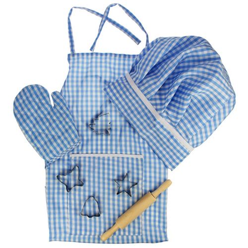 Bigjigs kinderchef-kok set met blauw geruite schort, koksmuts, ovenwant, uitsteekvormpjes en deegroller.