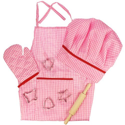 Bigjigs kinderchef-kok set met roze geruite schort, koksmuts, ovenwant, uitsteekvormpjes en deegroller.