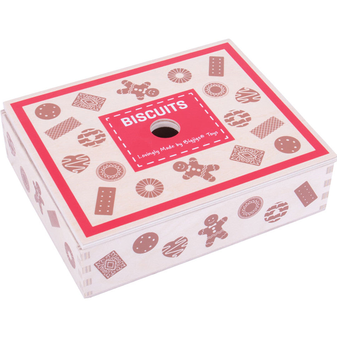 De gesloten Bigjigs houten koektrommel met 'BISCUITS' en koekjespatronen op de deksel.