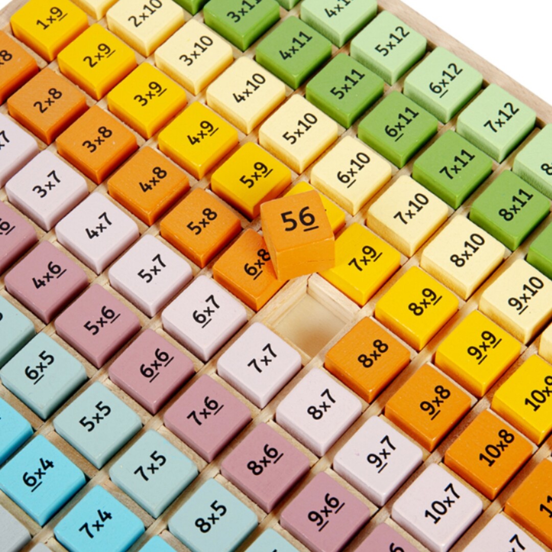 Detail van het houten rekenbord met kleurrijke blokjes die tafelsommen tonen, waarbij één blokje met '56' is opgetild.