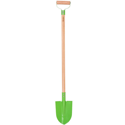 Bigjigs groene speelgoedschep met houten steel en D-handvat.