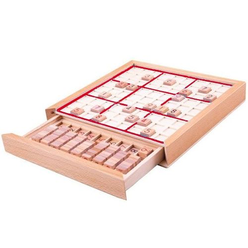 Bigjigs houten sudoku spel met uitschuifbare lade vol cijferblokjes.