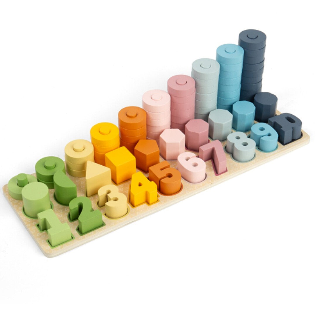 Bigjigs houten telspel counting board met alle gekleurde cijfers, vormen en ringen op hun plek.