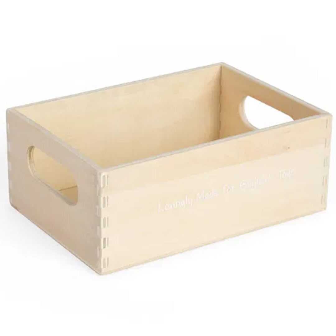 Bigjigs beige houten kratje met handvatten en tekst op de zijkant.