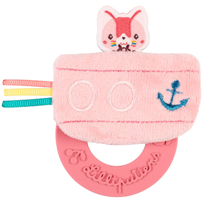 Lilliputiens roze bijtring in de vorm van een boot met een kattenhoofd, kleurrijke labels en een siliconen ring.