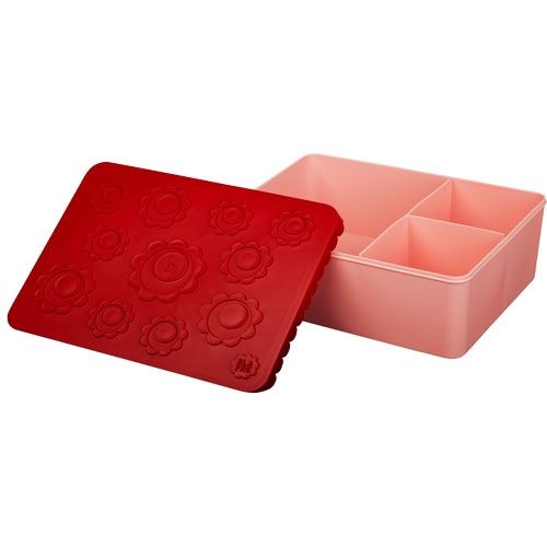 Blafle kinderlunchbox met roze onderkant met vakjes en een rode deksel met bloemenpatroon ernaast.