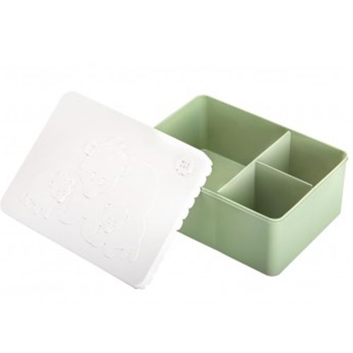 Blafere kinderlunchbox met groene onderkant en witte deksel met ijsbeerpatroon, opengeklapt naast de doos.