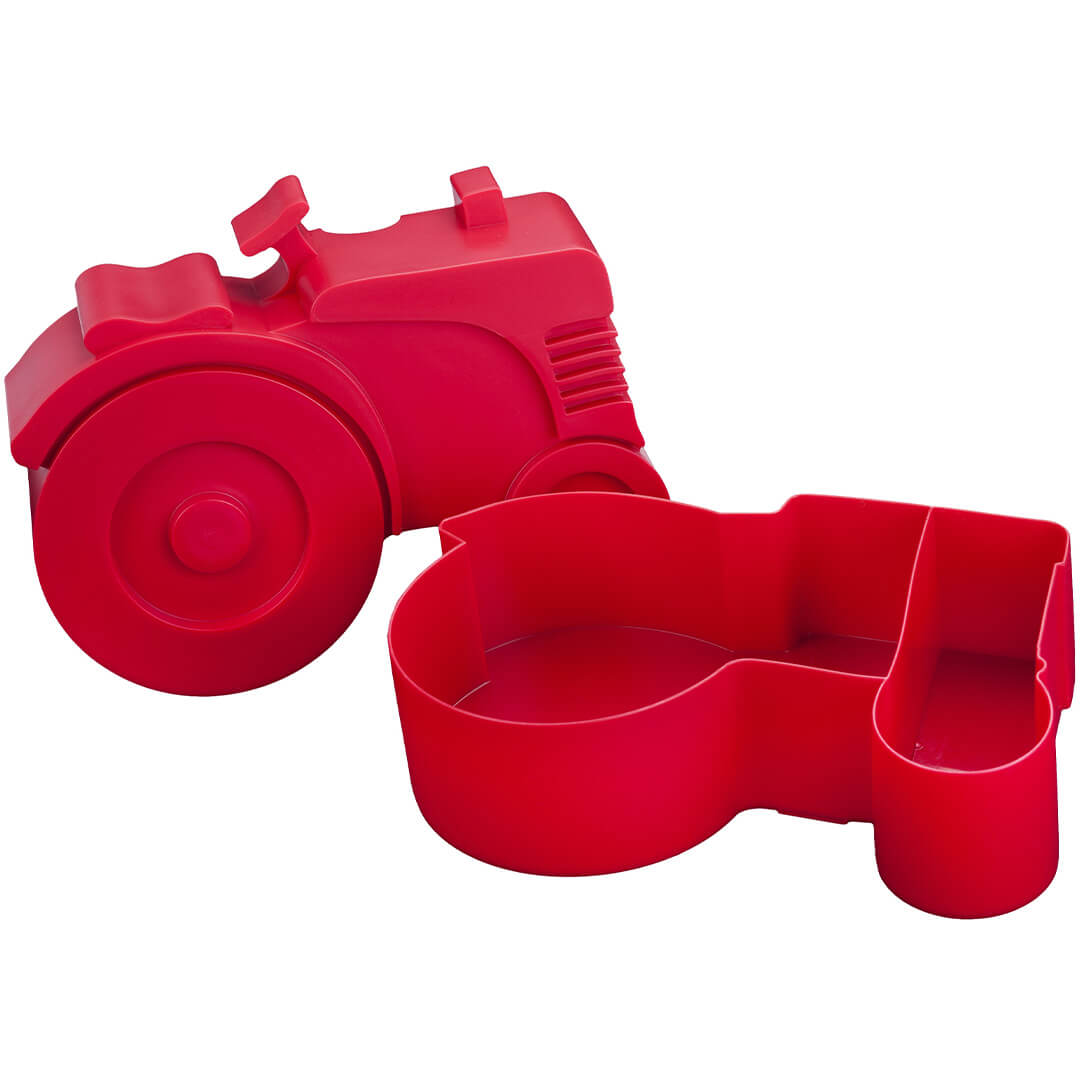 blafre rode tractor lunchbox opengeklapt met zicht op de compartimenten.
