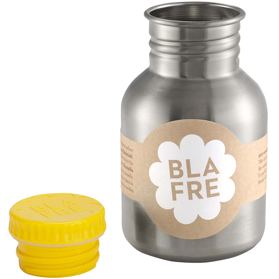 Blåfre RVS drinkfles zonder dop, met de gele dop ernaast.