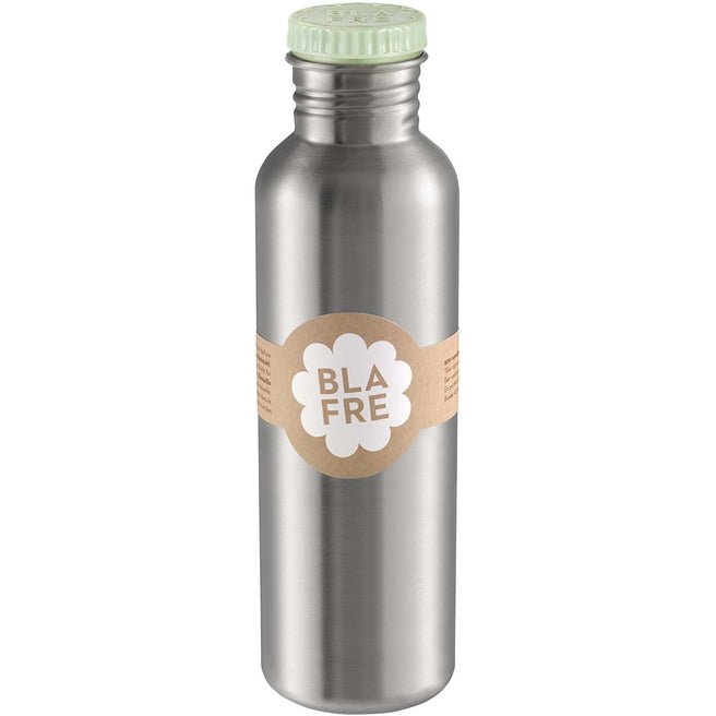 Blafle RVS drinkfles met lichtgroene dop en een label met het merklogo.