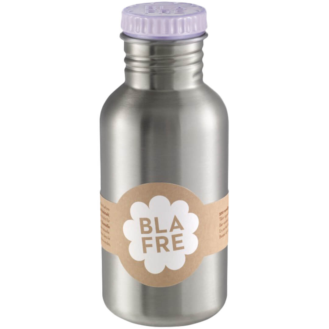 Blafre roestvrijstalen drinkfles met lila dop en merklabel.