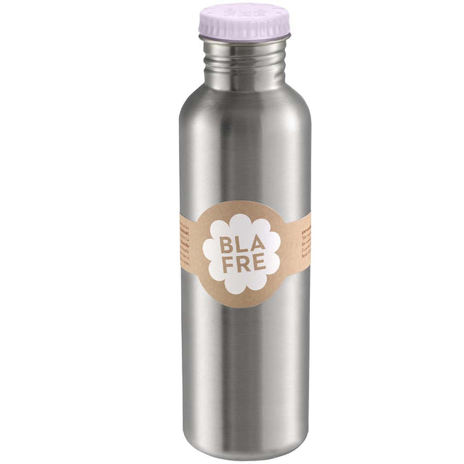 Blafre roestvrijstalen drinkfles met lila dop en merklabel.