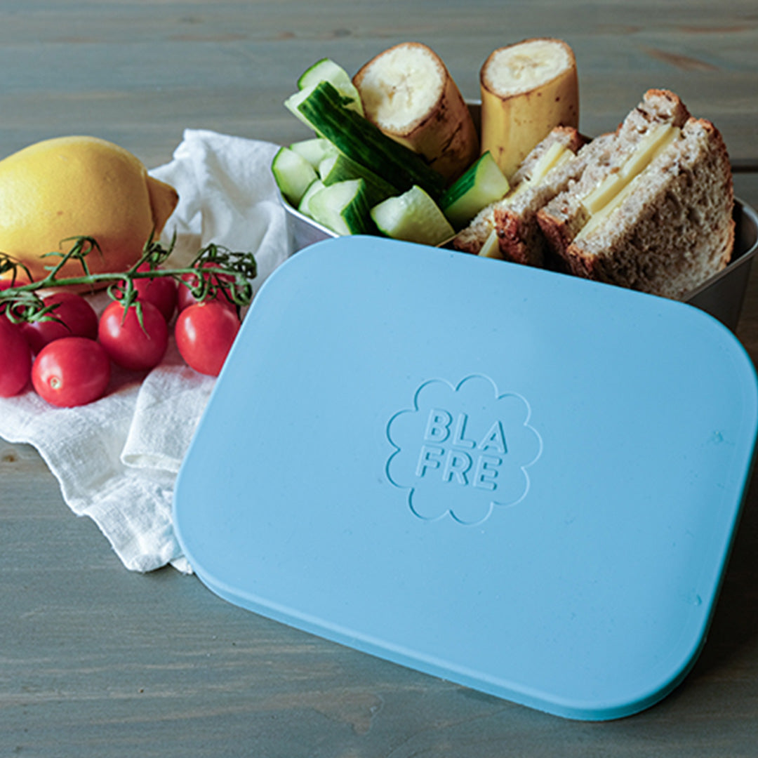 Blafre roestvrijstalen kinderlunchbox met blauw deksel, gevuld met fruit en een broodje.