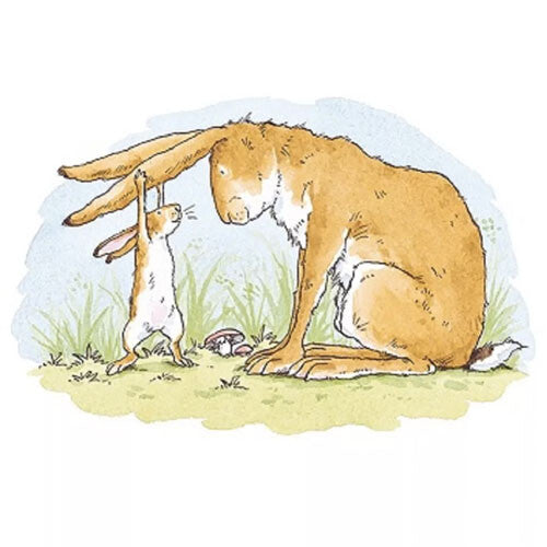 Illustratie van een grote en een kleine bruine haas uit 'Raad eens hoeveel ik van je hou' op een blanco kaart.