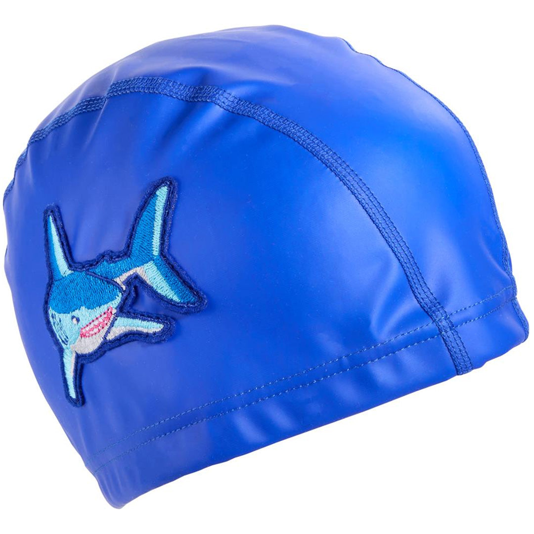 Bling2o blauwe kinder badmuts met een haai-applicatie.