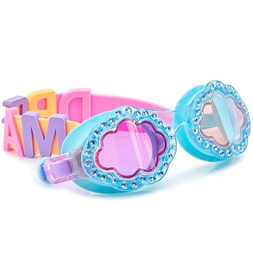 Bling2o kinder duikbril met blauwe wolkjesglazen versierd met steentjes en een band met de letters DREAM.