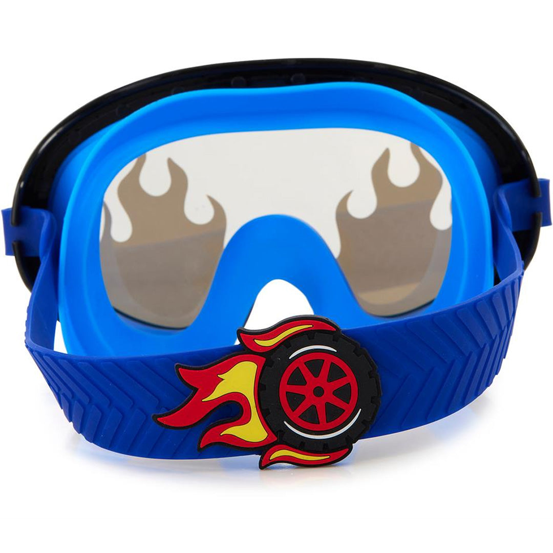 Achterkant van de bling2o kinderduikbril met blauwe band en een embleem van een vlammend wiel.