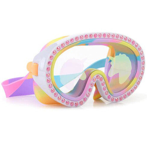 Bling2o duikbril met roze strass steentjes en eenhoorn reflectie, schuin van voren.