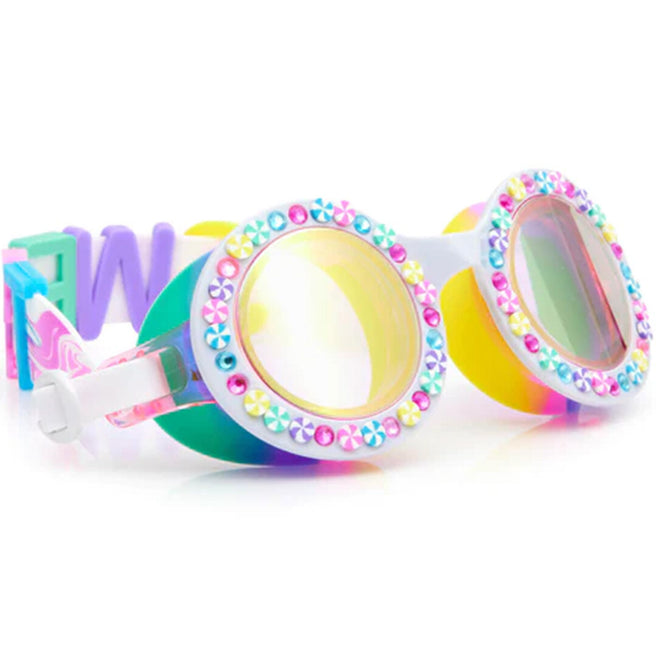 Bling2o kinderzwembril met ronde glazen en kleurrijke bling, schuin van voren gefotografeerd.