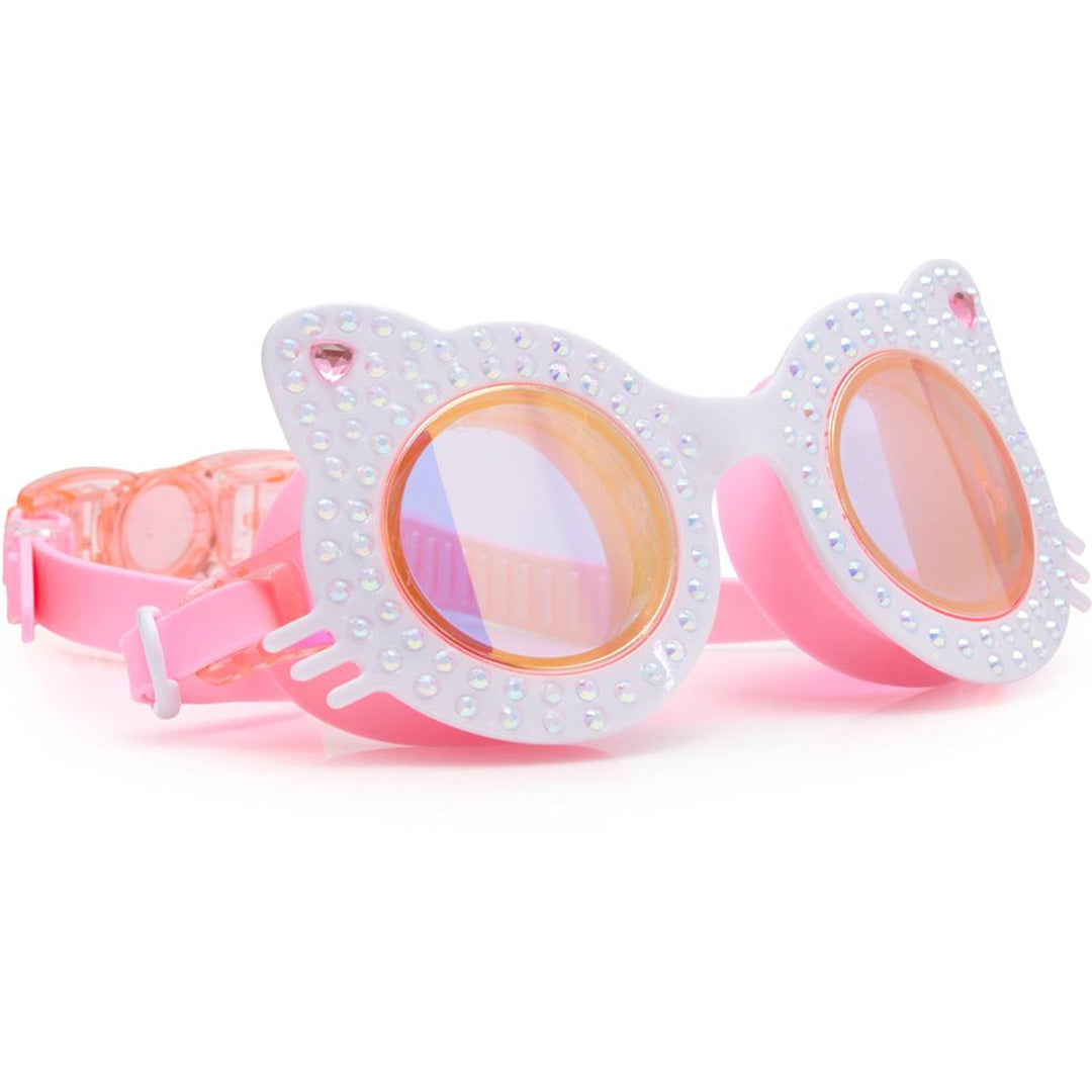Bling2o kinderzwembril in de vorm van een kat met roze en witte details en glimmende steentjes.