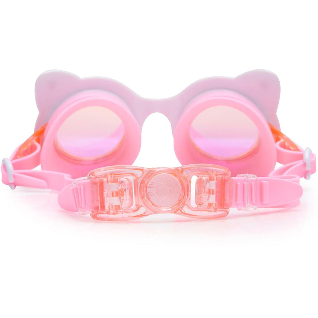 Achterkant van de roze bling2o kinderzwembril met kattenoortjes en verstelbare band.