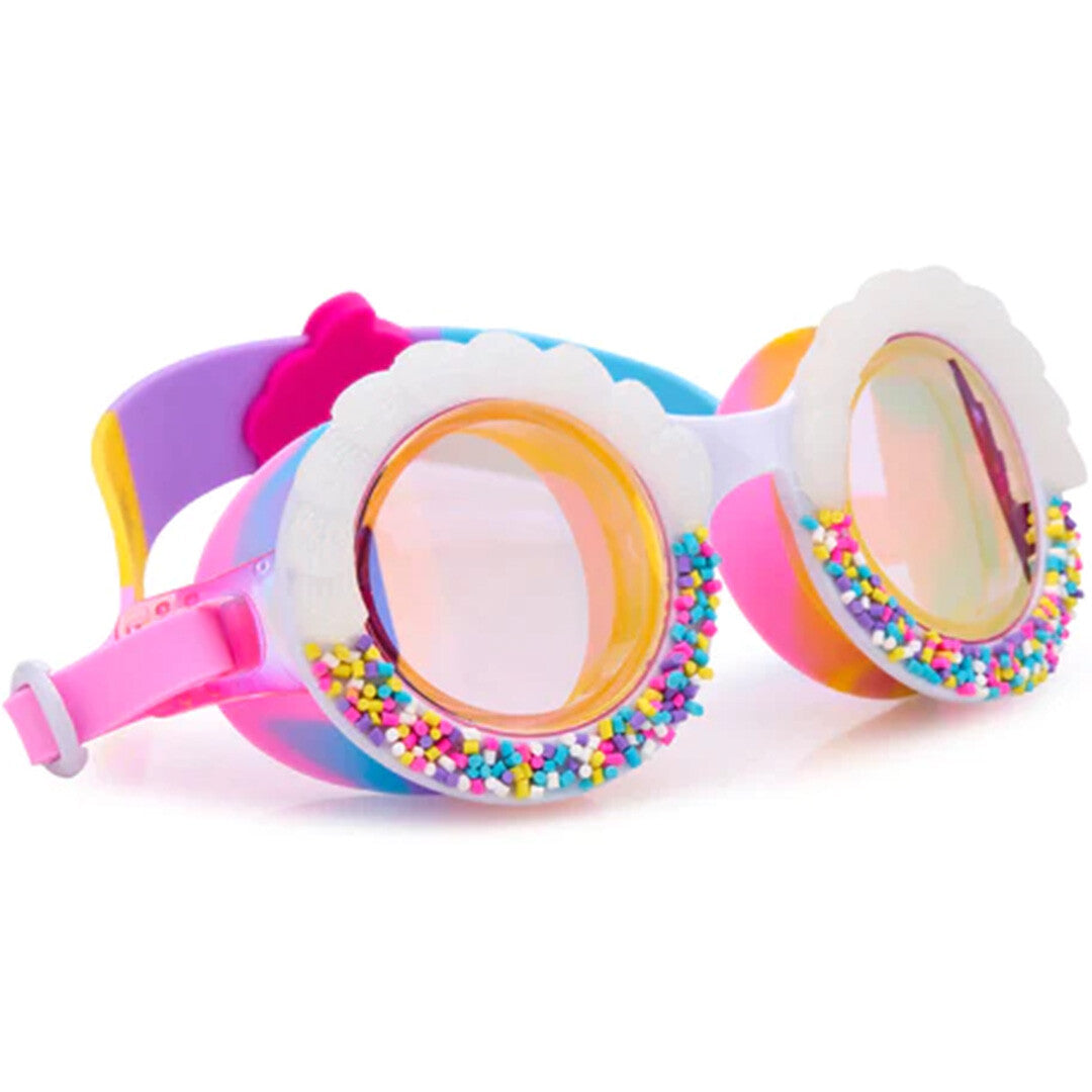 Bling2o kinderzwembril met witte monturen versierd met kleurrijke sprinkles en een regenboogband.