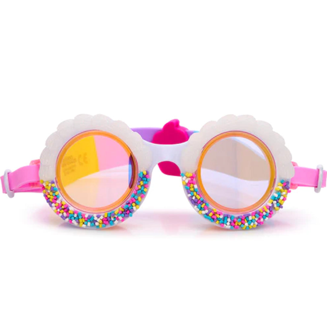 Bling2o kinderzwembril met witte monturen en kleurrijke sprinkles, van voren gezien.