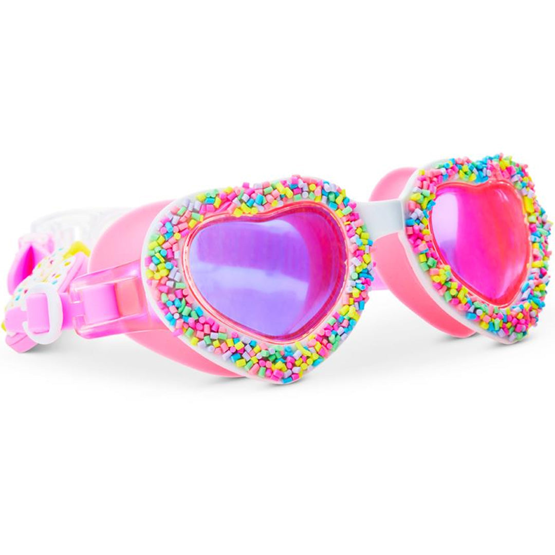 Bling2o kinderzwembril met roze hartvormige glazen en montuur versierd met kleurrijke sprinkles.