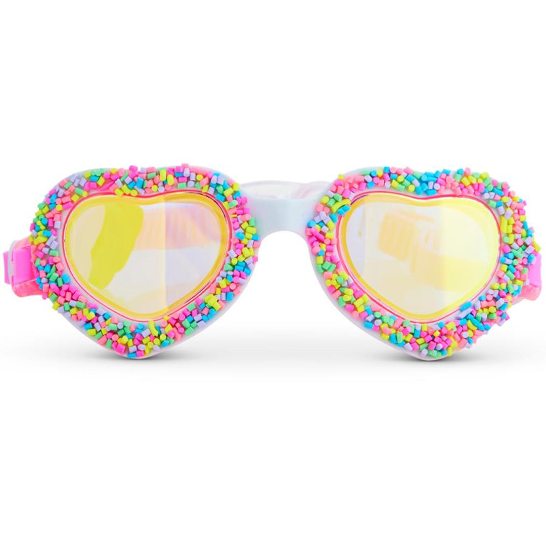 Bling2o kinderzwembril met hartvormige glazen en een roze montuur met kleurrijke sprinkles, van voren gezien.