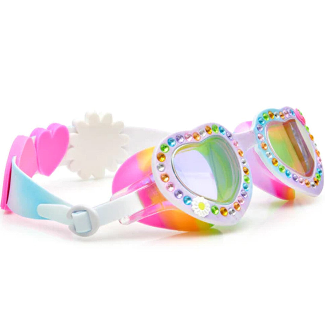 Bling2o kinderzwembril met hartvormige glazen versierd met edelstenen en een regenboogkleurige band.
