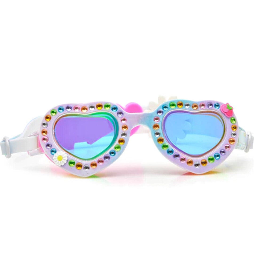Bling2o kinderzwembril, vooraanzicht, met hartvormige glazen versierd met edelstenen en bloemdetails.