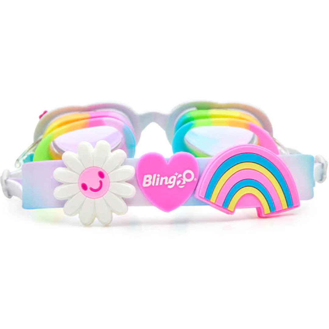 Achteraanzicht van de band van de Bling2o kinderzwembril met een bloem, een roze hart en een regenboog.