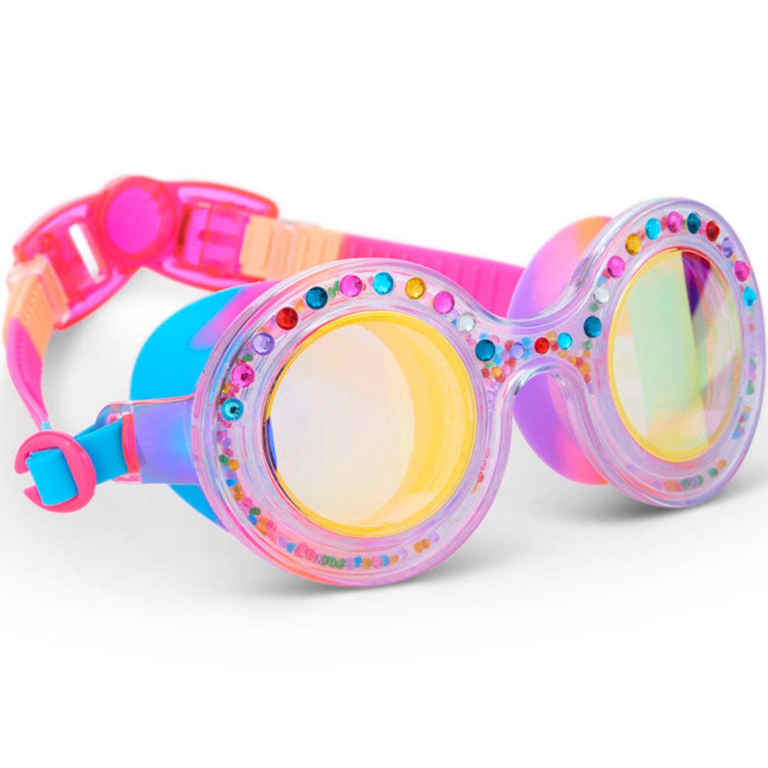 Schuine weergave van de bling2o zwembril Dazzle Gumball Gleam voor kinderen, met kleurrijke versieringen rond de glazen.